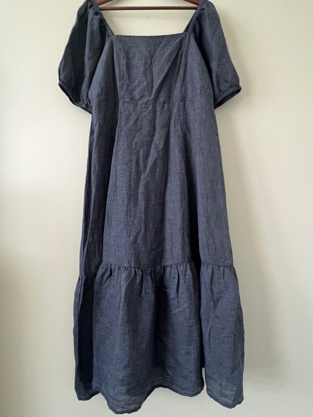 NWT Garnet Hill Linen Dress Sz L Blue Puff Sleeve Square Neck Midi Cottagecore